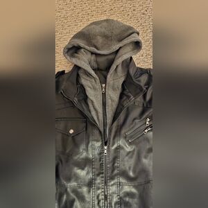 Black Leather Jacket With Hoodie 3XL